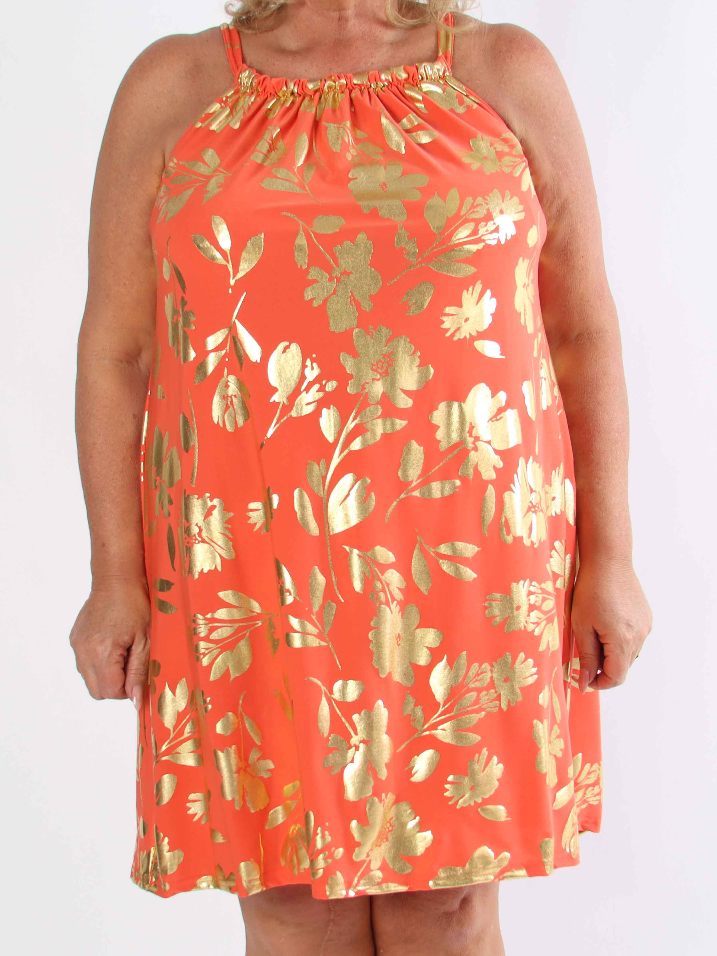 SunLove Gold Flower - Elastisk bandklänning i plusstorlek med stora guldblad